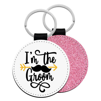 I'm the groom mustache, Μπρελόκ Δερματίνη, στρογγυλό ΡΟΖ (5cm)