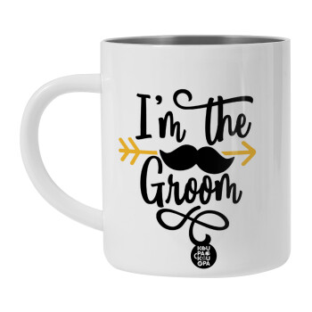 I'm the groom mustache, Λευκή Ανοξείδωτη Μεταλλική Κούπα 450ml - Διπλού Τοιχώματος 