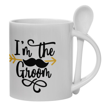 I'm the groom mustache, Ceramic coffee mug with Spoon, 330ml (1pcs)