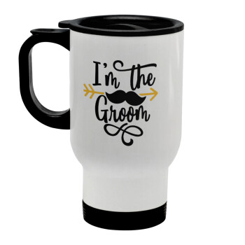 I'm the groom mustache, Stainless steel travel mug with lid, double wall white 450ml