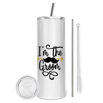I'm the groom mustache, Eco friendly stainless steel tumbler 600ml, with metal straw & cleaning brush