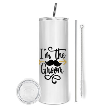 I'm the groom mustache, Tumbler ποτήρι θερμό από ανοξείδωτο ατσάλι 600ml, με μεταλλικό καλαμάκι & βούρτσα καθαρισμού