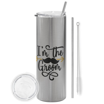 I'm the groom mustache, Eco friendly stainless steel Silver tumbler 600ml, with metal straw & cleaning brush