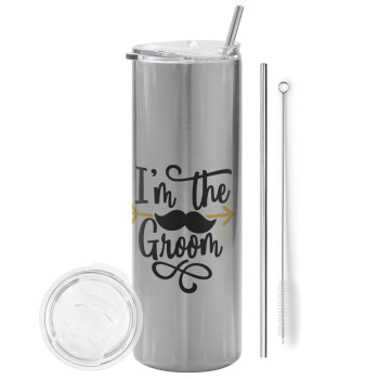 I'm the groom mustache, Tumbler stainless steel Silver 600ml, with metal straw & cleaning brush