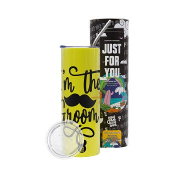 I'm the groom mustache, Neon Yellow Travel Tumbler θερμό, μεταλλικό καλαμάκι(Ανωξείδωτο 304 Food grade, BPA free, 600ml)