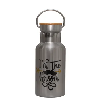 I'm the groom mustache, Stainless steel metallic thermos flask, silver with a bamboo lid, double-walled, 350ml.