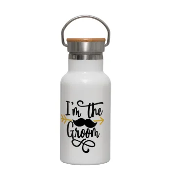I'm the groom mustache, Μεταλλικό παγούρι θερμός (Stainless steel) Λευκό με ξύλινο καπακι (bamboo), διπλού τοιχώματος, 350ml