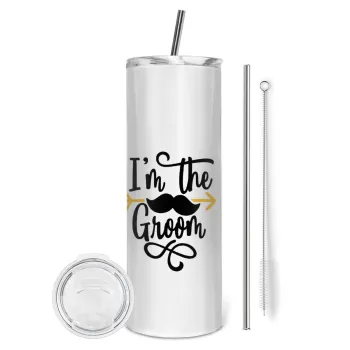 I'm the groom mustache, Tumbler ποτήρι θερμό από ανοξείδωτο ατσάλι 600ml, με μεταλλικό καλαμάκι & βούρτσα καθαρισμού