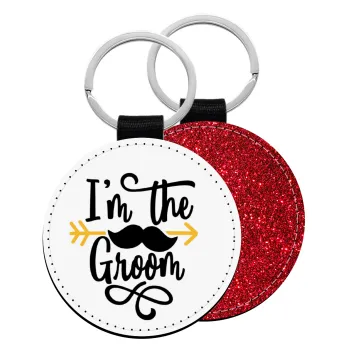 I'm the groom mustache, Μπρελόκ Δερματίνη, στρογγυλό ΚΟΚΚΙΝΟ (5cm)