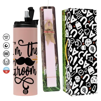 I'm the groom mustache, Πασχαλινή Λαμπάδα με  ΡΟΖ Travel Tumbler θερμό (600ml, BPA free) & κερί αρωματικό πλακέ (30cm) (ΡΟΖ)