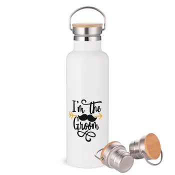I'm the groom mustache, Stainless steel White with wooden lid (bamboo), double wall, 750ml