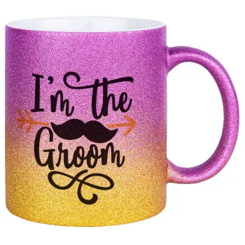I'm the groom mustache, Κούπα Χρυσή/Ροζ Glitter, κεραμική, 330ml