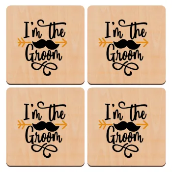 I'm the groom mustache, ΣΕΤ x4 Σουβέρ ξύλινα τετράγωνα plywood (9cm)