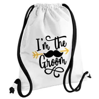 I'm the groom mustache, Backpack pouch GYMBAG white, with pocket (40x48cm) & thick cords