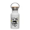Metallic thermos (Stainless steel) White with wooden lid (bamboo), double-walled, 350ml