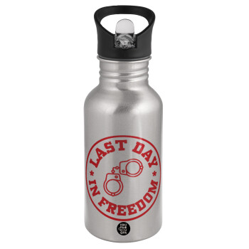Last day freedom, Water bottle Silver with straw, stainless steel 500ml