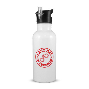 Last day freedom, White water bottle with straw, stainless steel 600ml