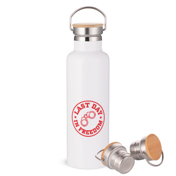 Last day freedom, Stainless steel White with wooden lid (bamboo), double wall, 750ml