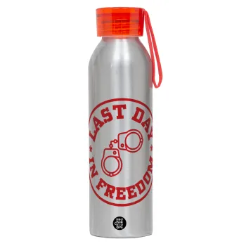 Last day freedom, Aluminum Sports Bottle 650ml – Silver with Red Cap and Silicone Strap
