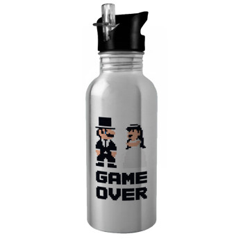 8bit Game Over Couple Wedding, Water bottle Silver with straw, stainless steel 600ml