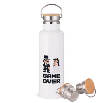8bit Game Over Couple Wedding, Stainless steel White with wooden lid (bamboo), double wall, 750ml