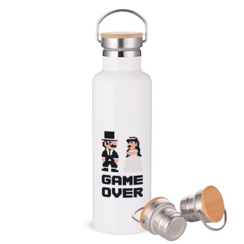 8bit Game Over Couple Wedding, Μεταλλικό παγούρι θερμός (Stainless steel) Λευκό με ξύλινο καπάκι (bamboo), διπλού τοιχώματος, 750ml