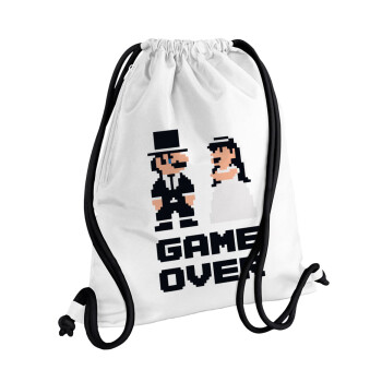 8bit Game Over Couple Wedding, Τσάντα πλάτης πουγκί GYMBAG λευκή, με τσέπη (40x48cm) & χονδρά κορδόνια