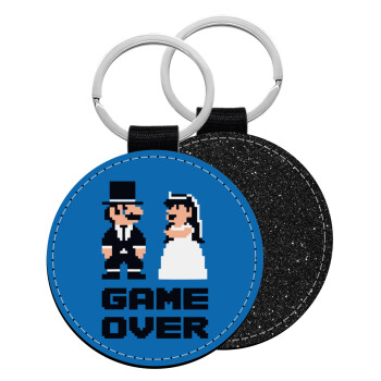 8bit Game Over Couple Wedding, Μπρελόκ Δερματίνη, στρογγυλό ΜΑΥΡΟ (5cm)