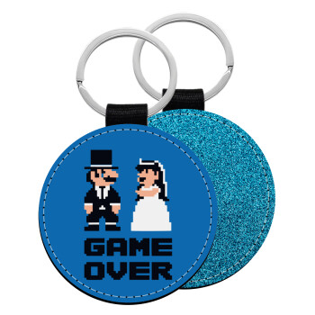 8bit Game Over Couple Wedding, Μπρελόκ Δερματίνη, στρογγυλό ΜΠΛΕ (5cm)