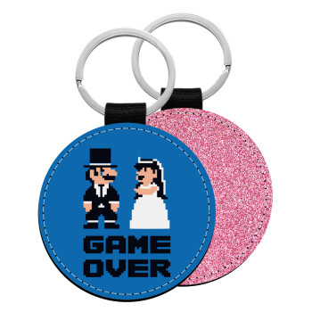 8bit Game Over Couple Wedding, Μπρελόκ Δερματίνη, στρογγυλό ΡΟΖ (5cm)