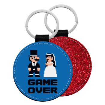 8bit Game Over Couple Wedding, Μπρελόκ Δερματίνη, στρογγυλό ΚΟΚΚΙΝΟ (5cm)