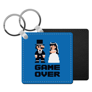 8bit Game Over Couple Wedding, Μπρελόκ Δερματίνη, τετράγωνο ΜΑΥΡΟ (5x5cm)
