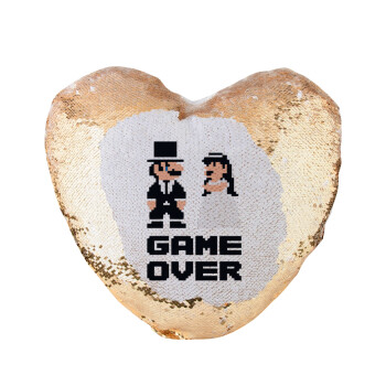 8bit Game Over Couple Wedding, Μαξιλάρι καναπέ καρδιά Μαγικό Χρυσό με πούλιες 40x40cm περιέχεται το  γέμισμα