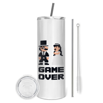 8bit Game Over Couple Wedding, Eco friendly stainless steel tumbler 600ml, with metal straw & cleaning brush