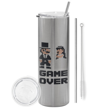 8bit Game Over Couple Wedding, Eco friendly stainless steel Silver tumbler 600ml, with metal straw & cleaning brush