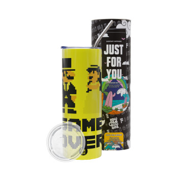 8bit Game Over Couple Wedding, Neon Yellow Travel Tumbler θερμό, μεταλλικό καλαμάκι(Ανωξείδωτο 304 Food grade, BPA free, 600ml)