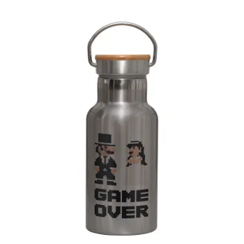 8bit Game Over Couple Wedding, Stainless steel metallic thermos flask, silver with a bamboo lid, double-walled, 350ml.