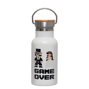 8bit Game Over Couple Wedding, Μεταλλικό παγούρι θερμός (Stainless steel) Λευκό με ξύλινο καπακι (bamboo), διπλού τοιχώματος, 350ml
