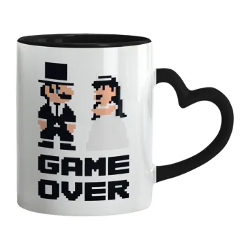 8bit Game Over Couple Wedding, Κούπα καρδιά χερούλι μαύρη, κεραμική, 330ml