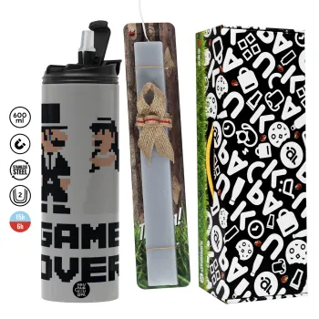 8bit Game Over Couple Wedding, Πασχαλινή Λαμπάδα με Travel Tumbler θερμό (600ml, BPA free) & κερί αρωματικό πλακέ (30cm) (ΓΚΡΙ)