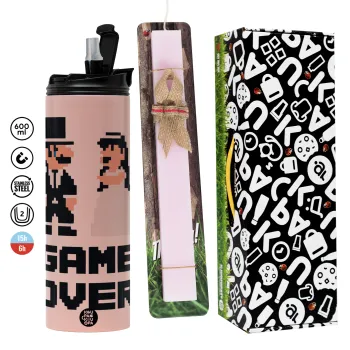 8bit Game Over Couple Wedding, Πασχαλινή Λαμπάδα με  ΡΟΖ Travel Tumbler θερμό (600ml, BPA free) & κερί αρωματικό πλακέ (30cm) (ΡΟΖ)