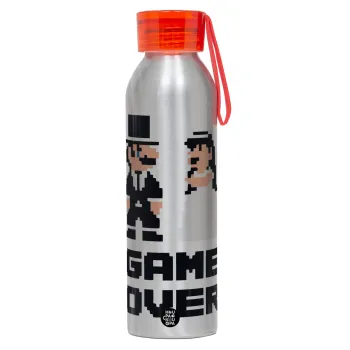 8bit Game Over Couple Wedding, Aluminum Sports Bottle 650ml – Silver with Red Cap and Silicone Strap
