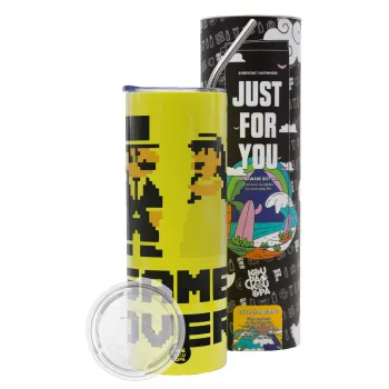 8bit Game Over Couple Wedding, Neon Yellow Travel Tumbler θερμό, μεταλλικό καλαμάκι(Ανωξείδωτο 304 Food grade, BPA free, 600ml)