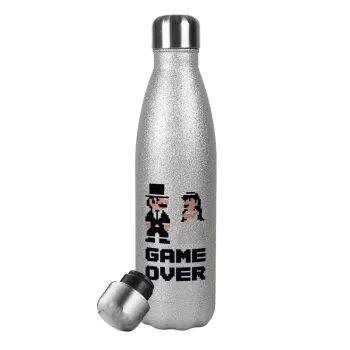 8bit Game Over Couple Wedding, Metallic Glitter Silver Thermos Flask (Stainless steel), double-walled, 500ml