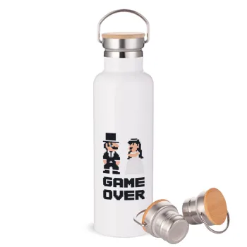 8bit Game Over Couple Wedding, Μεταλλικό παγούρι θερμός (Stainless steel) Λευκό με ξύλινο καπάκι (bamboo), διπλού τοιχώματος, 750ml