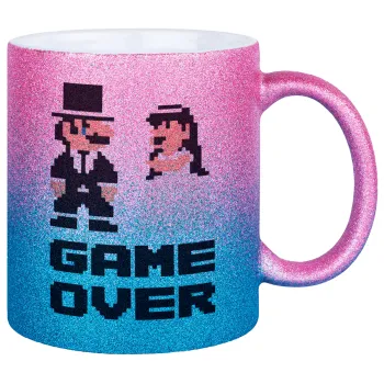 8bit Game Over Couple Wedding, Κούπα Χρυσή/Μπλε Glitter, κεραμική, 330ml
