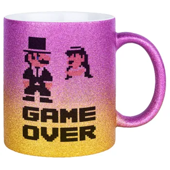 8bit Game Over Couple Wedding, Κούπα Χρυσή/Ροζ Glitter, κεραμική, 330ml
