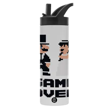 8bit Game Over Couple Wedding, Μεταλλικό παγούρι θερμός με καλαμάκι & χειρολαβή, ανοξείδωτο ατσάλι (Stainless steel 304), διπλού τοιχώματος, 600ml