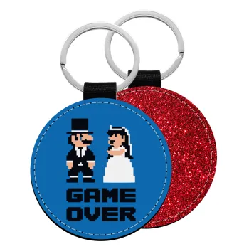 8bit Game Over Couple Wedding, Μπρελόκ Δερματίνη, στρογγυλό ΚΟΚΚΙΝΟ (5cm)