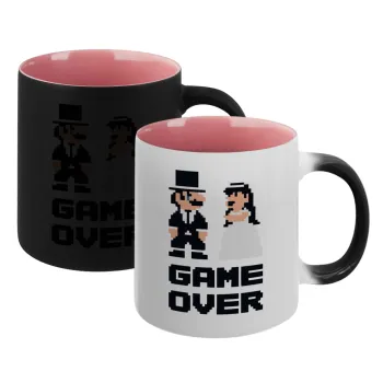 8bit Game Over Couple Wedding, Κούπα Μαγική εσωτερικό ΡΟΖ, κεραμική 330ml που αλλάζει χρώμα με το ζεστό ρόφημα